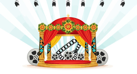 Red & gold Indian wedding mandap backdrop has film reels. Perfect for branding surface, video backgrounds, social media posts.