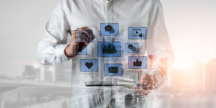 Icons representing social media interaction, communication, and engagement. Social media builds community, social media drives connection, and social media influences behavior. Vouch