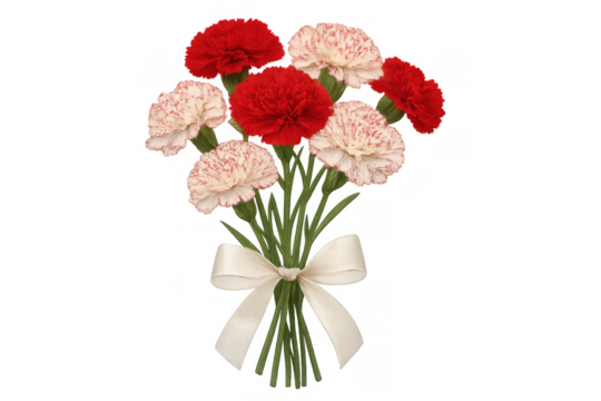 Carnation bouquet with red and white flowers forming sweet gift for mother's day, love, and celebration, transparent background