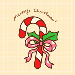 Festive Hand drawn cartoon of Christmas candy cane with holly leaves and pink bow with "Merry Christmas" phrase. Flat vector illustration for greeting card, invitation, banner, decorative design