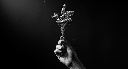 A dramatic black and white photograph of a hand gently holding a delicate bouquet of dried wildflowers against a dark, atmospheric background with floating dust particles
