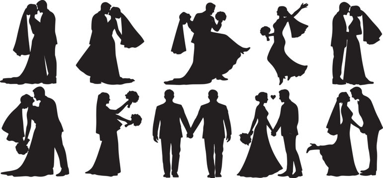 Silhouettes of wedding couple bride and groom in various poses, elegant dance kissing moments,  vector illustration