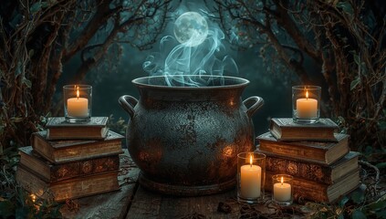 Enchanted cauldron with steam, old books, and candles in mystical forest under full moon night