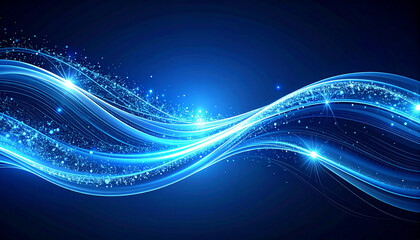 Fototapeta premium 青い光の波が星のように輝く深海ブルーの背景