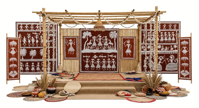 Brown Warli texture shows intricate detail. Creates an Indian wedding mandap backdrop for product photography, branding.