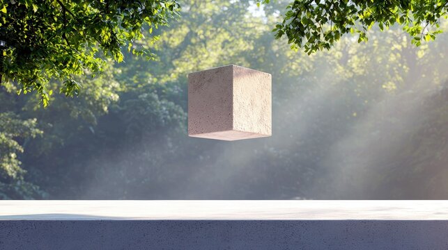 A textured concrete cube hovers in the air amidst a misty forest, with sunlight filtering through the trees and foliage overhead.