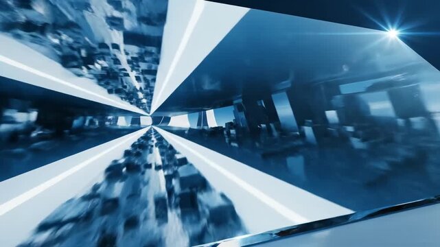 Abstract futuristic cityscape with reflective glass surfaces creating a sense of rapid motion and urban dynamism