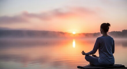 Woman meditating by the lake at sunrise for inner peace.