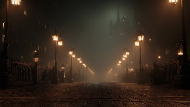 Atmospheric Foggy Bridge Lined With Antique Gas Lamps At Dusk With Distant Gothic Architecture Silhouette