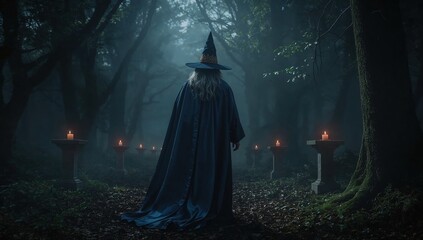 Mysterious witch in dark enchanted forest surrounded by candlelit altars, night ritual, magic, fantasy, spooky, halloween scene