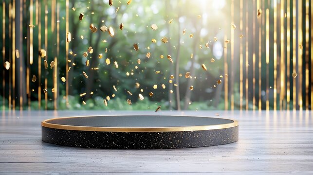 A black circular podium with a gold rim sits on a wooden surface, with gold confetti falling around it.