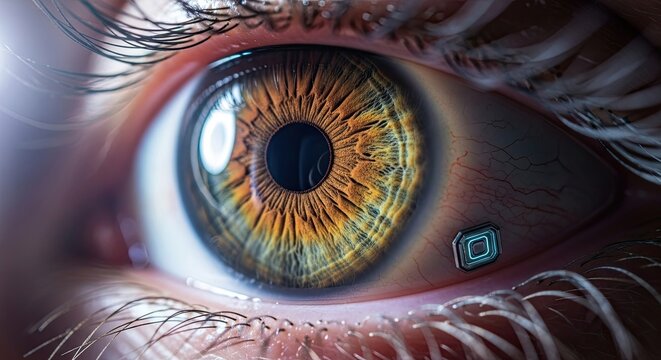 Extreme close-up of a detailed cyborg eye with a hazel iris and a technological implant, illustrating the fusion of biology and artificial intelligence in a futuristic sci-fi concept