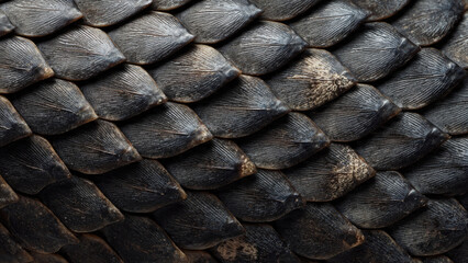Close-up of dark, overlapping scales forming a textured pattern with radial lines. Shows natural wear and subtle discoloration.