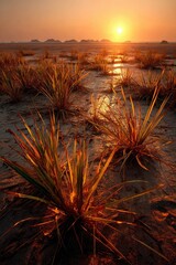 Desolate Desert Grassland with Dry Brittle Vegetation Under Glowing Orange Sunset Sky
