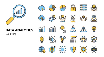 Sleek Line Icon Collection for Data Analytics, Business Intelligence, and Digital Technology Solutions, Visualizing Modern Data Processing and Strategy Concepts