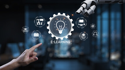 This image showcases a modern e-learning concept with a human hand and robotic arm interacting, symbolizing the future of digital education and technology-enhanced learning. Synapse