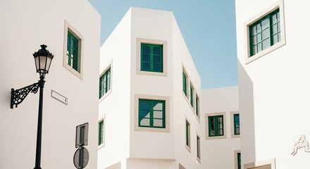 Fototapeta premium Geometric facade of a contemporary white building complex with vibrant green window frames and a classic black street lamp under a bright, clear blue summer sky