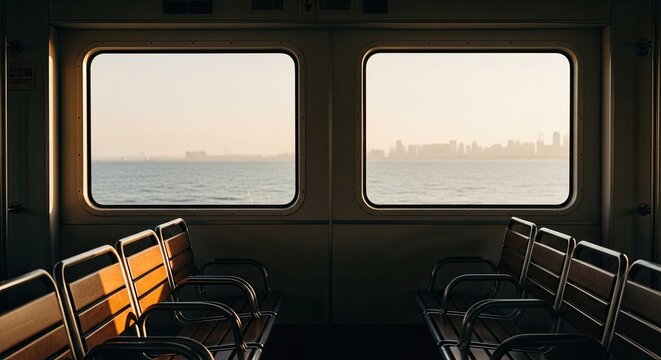 Symmetrical view from inside an empty ferry with wooden seats, looking out two windows at a calm sea and a hazy city skyline during a beautiful golden hour sunset