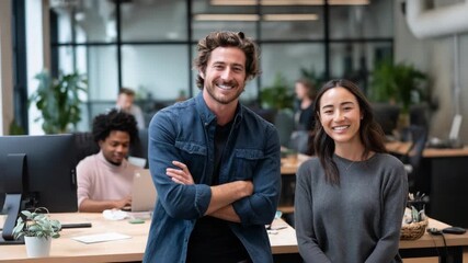 Diverse professionals smiling in modern office workspace, teamwork, success