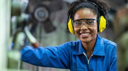 Woman operating machine in factory