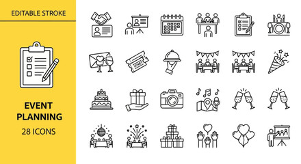 Vector icons celebrating various events and holidays with gift boxes, music, and food, perfect for invitations and decorations