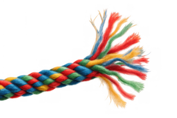 Colorful braided rope fraying, unraveling threads symbolizing stress, diversity, unity, and breaking connection on transparent background