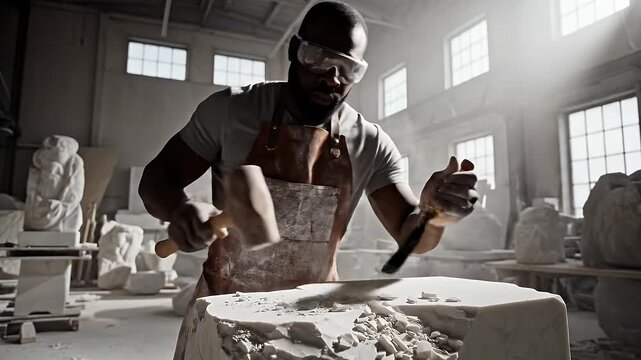 A skilled artisan working meticulously on a stone sculpture in a well-lit workshop filled with various stone artworks and tools