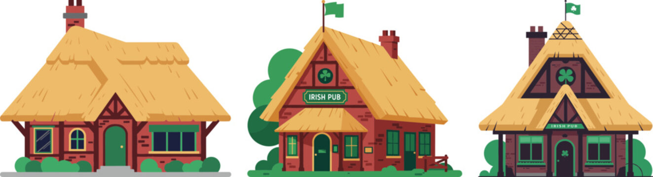 Three colorful traditional Irish pub houses with thatched roofs on a transparent background showcasing unique designs and vibrant colors, ideal for festive themes and celebrations