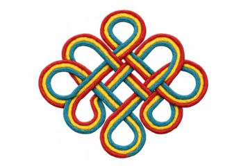 Endless knot weaving in red, yellow, and blue colors, representing continuity, wisdom, and auspiciousness on transparent background