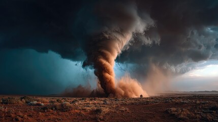 Powerful Extreme Weather Scene Featuring Towering Funnel Cloud and Chaotic Dust Swirl
