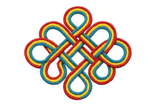 Endless knot weaving in red, yellow, and blue colors, representing continuity, wisdom, and auspiciousness on transparent background
