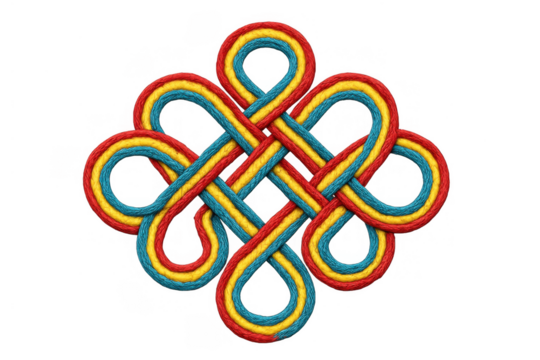 Endless knot weaving in red, yellow, and blue colors, representing continuity, wisdom, and auspiciousness on transparent background - Powered by Adobe
