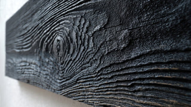 Intensely textured dark wood featuring pronounced grain patterns and a central knot, possibly Shou Sugi Ban, creating a rugged and elegant surface.