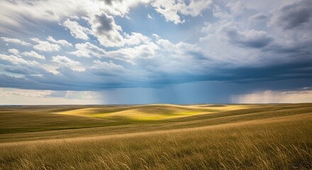 A majestic landscape of sunlit golden rolling hills under a dramatic stormy sky, with sunbeams breaking through clouds and distant rain falling over the vast prairie