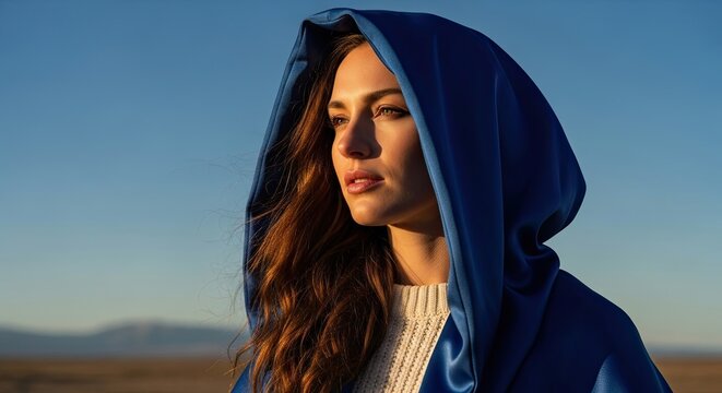 A beautiful young woman in a blue hooded cloak looks thoughtfully into the distance, her face illuminated by the warm golden light of the setting sun in a vast landscape
