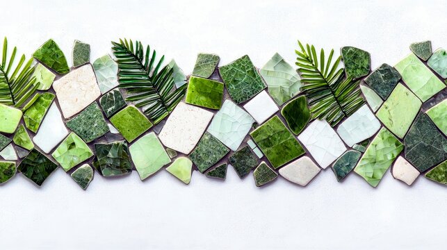 A horizontal border made of irregular, broken pieces of green and white mosaic tiles interspersed with vibrant green palm leaves, set against a clean white back