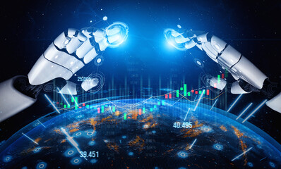Visualize the power of artificial intelligence as robotic hands engage with financial data over a digital representation of Earth, highlighting stock market trends. Scalp