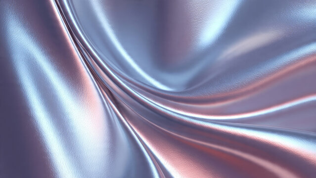 Abstract shimmering metallic fabric with elegant flowing curves, reflecting iridescent blue and rose gold light, creating a luxurious and dynamic background.