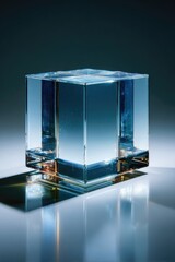 Floating Transparent Glass Cube in Empty Void with Minimalist Highlights and Contemplative Mood
