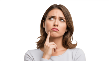 Thoughtful young woman with medium-length brown hair looking up and to the left with a concerned, contemplative expression, touching her chin with her finger, isolated on a pure white background
