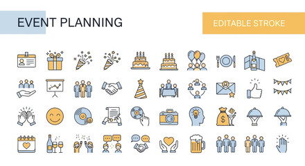 Vector icons celebrating various events and holidays with gift boxes, music, and food, perfect for invitations and decorations