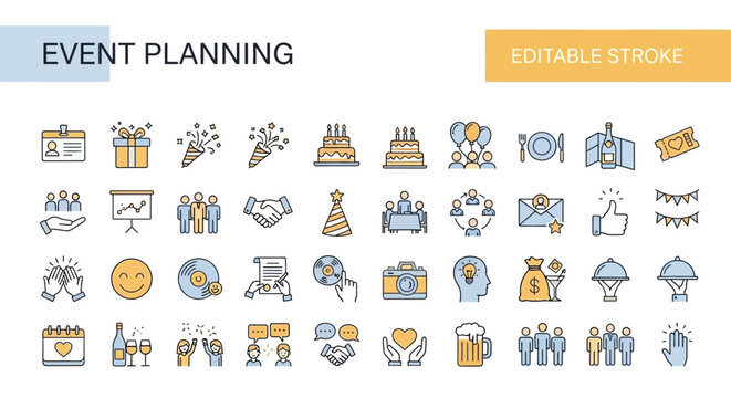 Vector icons celebrating various events and holidays with gift boxes, music, and food, perfect for invitations and decorations