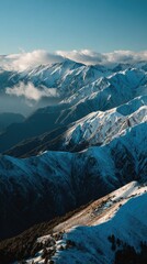 Serene Wide-Angle View of Towering Mountains Glowing in Sunlight and Crisp Fresh Air
