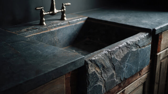 Rustic kitchen features dark, natural stone sink and countertops with an antique brass faucet, showcasing rugged textures and traditional design.