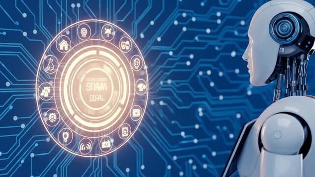 Futuristic AI robot interacts with a holographic digital interface displaying 'SETTING GOAL' on a sophisticated circuit board, symbolizing advanced technology and strategic objective achievement