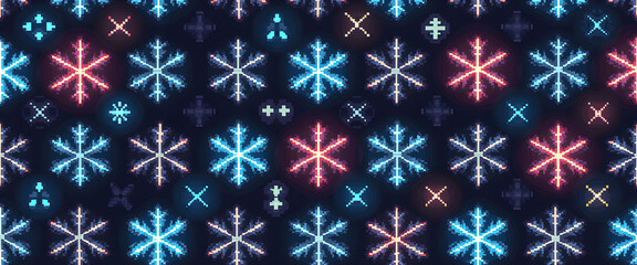 Pixelated snowflake pattern with glowing neon lights on a dark background
