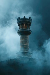 Dramatic Sentinel Tower Shrouded in Fog Highlighting Strength and Mystical Ambiance
