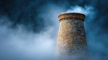 Mysterious Solitary Stone Tower Emerging Through Swirling Mist with Ethereal Atmosphere
