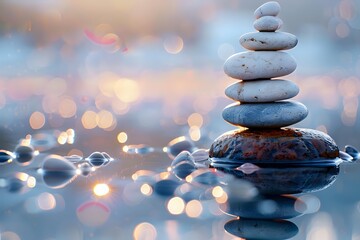 Obraz premium Balanced zen stones pyramid on water surface with bokeh lights background creating peaceful meditation atmosphere.