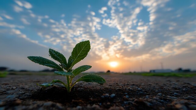Young green plant seedling growing from soil against dramatic sunset sky with scattered clouds, symbolizing hope, growth, and new beginnings in nature.
